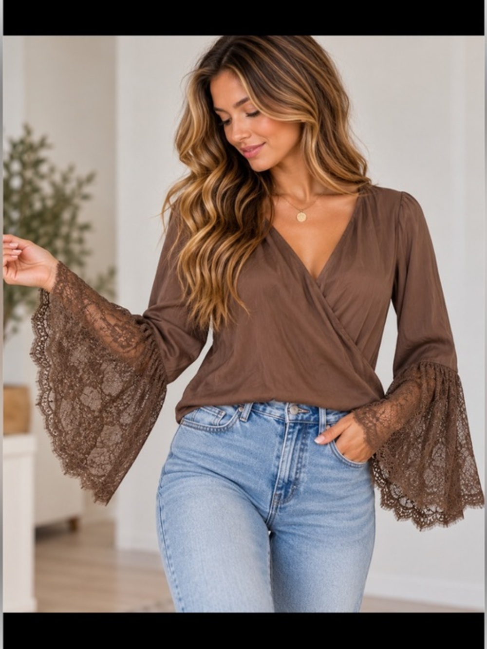 DO+BE Brown Lace Bell Sleeve Wrap Blouse Size Small Boho Romantic